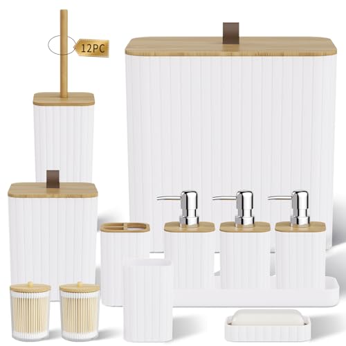 Bathroom Accessory Set - White Bathroom Set, 12PC Bathroom Accessories Set, White Bathroom Accessories Set, Mini Trash Can, Toilet Brush, Trash Can & Soap Dispenser - size: Bathroom Set, style: White