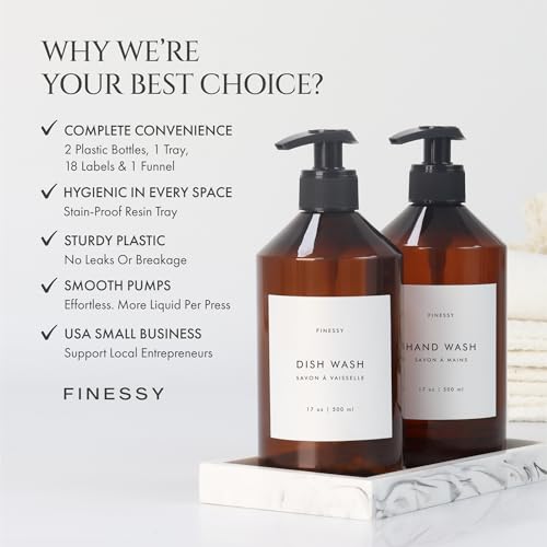 FINESSY Amber Hand Dish Soap Dispenser for Kitchen Countertop and Bathroom with Tray Set for Refillable Liquid Detergent Dishwasher and Lotion Bottles, Farmhouse Kitchen Soap Dispenser Set with Pump - color: Luxe Amber
