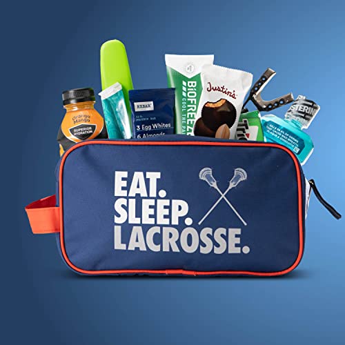ChalkTalkSPORTS Guys Lacrosse Toiletry Bag - Eat Sleep Lacrosse - Navy | Polyester, Center Zipper, Side Handle, 11 x 6 x 5 Inches, Sports Camp Bag, Pencil Case, Dopp Kit, Lacrosse Gift - color: Eat Sleep Lacrosse