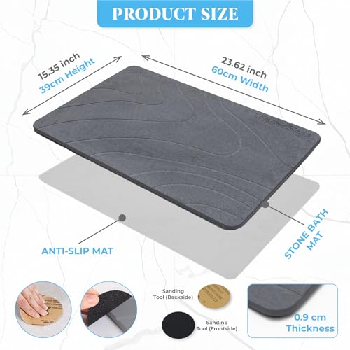2 Pack Stone Bath Mat Diatomaceous Earth Shower Mat - Grey Wave Design Non Slip Super Absorbent Diatomite Stone Mats for Bathroom Floor Quick-Drying Easy to Clean (24 x 16 Inch)