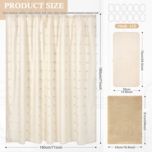 HunnmingRe 3 Pcs Boho Farmhouse Bathroom Shower Curtain Set with Waffle Bath Mat and Towel Cream Waterproof neutral shower curtain Non Slip with 12 Hooks for Bathroom and Hotel Tub Decor 70.87 x 70.87