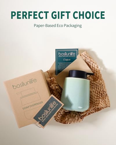BosilunLife Hand Soap Dispenser - Ceramic Dish Soap Dispenser for Bathroom 12ounce Refillable Liquid Hand Wash Dispenser for Essential Oil, Lotion Soap, Light Green - color: Green