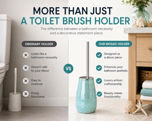 Escenzy Turquoise Green Toilet Brush and Holder Set – Handcrafted Mosaic Glass Holder, 304 Rust-Resistant Stainless Steel Toilet Bowl Brush – Decorative Luxury Bathroom Accessory - color: Turquoise