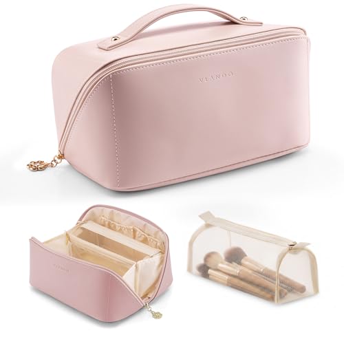 VLANDO Makeup Bag,Travel Toiletry Bag,Cosmetic Bag for Women PU Leather Portable Make up Bag for Skincare, Brushes & Travel Essentials-Pink - color: 04.Pink