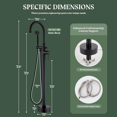 Free Standing Tub Faucet, Wintap Classic Freestanding Bathtub Faucet with Sprayer Brass Elegant Floor Mount Bath Faucets High Flow Roman Tub Filler, Matte Black （WT-3311BK） - color: Matte Black