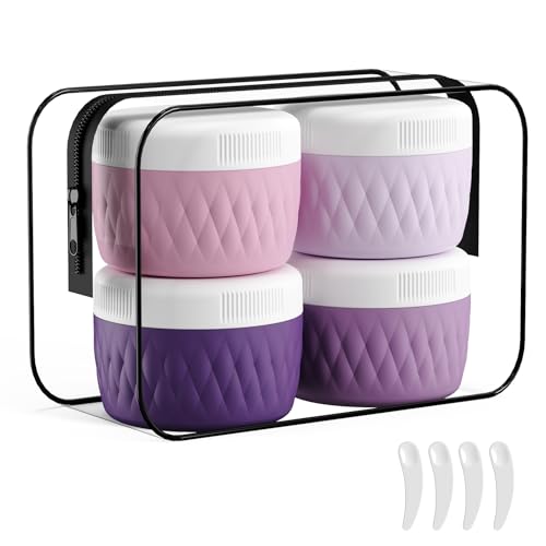 Kuangre Travel Containers for Toiletries, Silicone Cream Jars BPA-Free, TSA Approved 3oz Travel Size Containers, Leak-proof Silicone Jars with Lid for Cosmetic Face Hand Body Cream (4 Pack) - color: Purple, size: 3 Ounces