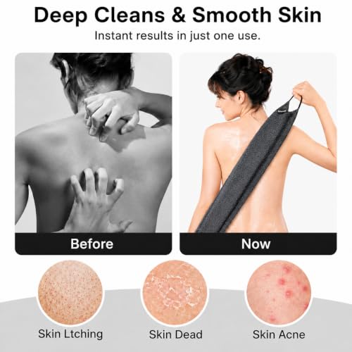 Yiclick Exfoliating Washcloth Towel with Handle, Back Scrubber for Shower, Exfoliating Body Scrubber Exfoliator, Japanese Wash Cloth for Body Scrub, Bath Sponge Loofah Luffa Washer Exfoliator - color: Grey
