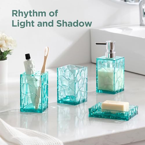 HBlife Bathroom Accessories Set, Teal Blue Acrylic Bathroom Counter Set with Toothbrush Holder, Soap Dispenser, Tumbler, Soap Dish, Turquoise Boho Modern Bathroom Decor, Ideal Gift Choice - style: Teal Blue