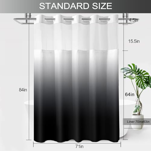 Extra Long No Hook Shower Curtain with Snap in Liner, Ombre Black White Shower Curtains and Liner Set, Hotel Fabric Bath Curtain for Bathroom, Mesh Top Window Waterproof Washable, 71" x 84" - color: Ombre Black, size: 71"W x 84"L (Pack of 1)