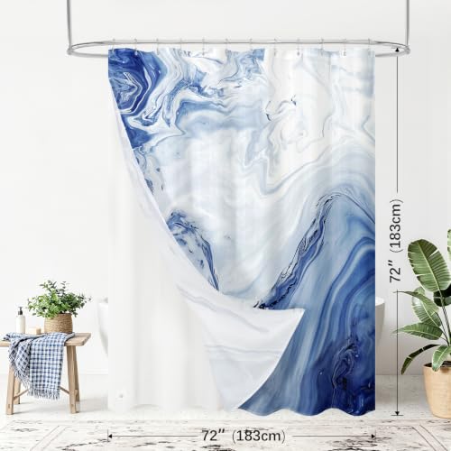 3 in 1 Navy Blue Marble Shower Curtain Set, Modern Ripple Shower Curtain and PEVA Liner Set with 12 Stainless Steel Shower Curtain Hooks, Waterproof Fabric Shower Curtains for Bathroom, 72 W x 72 H - color: 3 in 1 - Navy, size: 72"W x 72"L (Pack of 1)