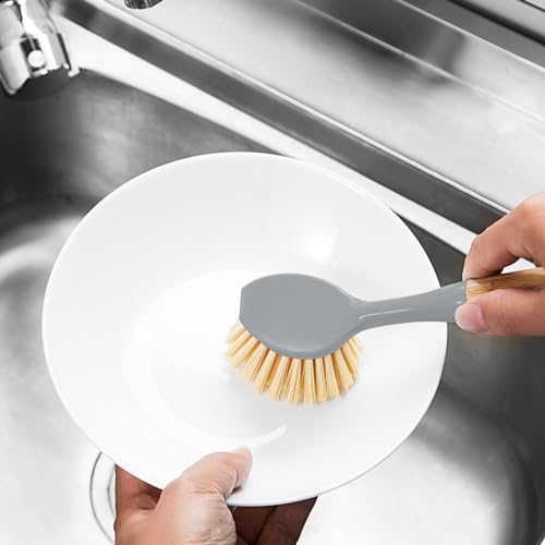 FunCee 2 Pack Kitchen Dish Brushes with Bamboo Handle, Dish Scrubber Built-in Scraper, Scrub Brush for Pans, Pots, Counter & Kitchen Sink Cleaning, Dishwashing and Cleaning Brush Tools, White - color: White