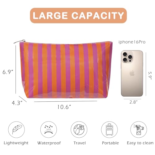 RSRSLEII Large Waterproof Travel Stripe Makeup Bag,Aesthetic PVC Toiletry Bag,Coquette Cosmetic Bag Organizer,Cute Preppy Carry-on Travel Accessories Essentials for Women Girls(03Orange Purple) - color: 03Orange Purple