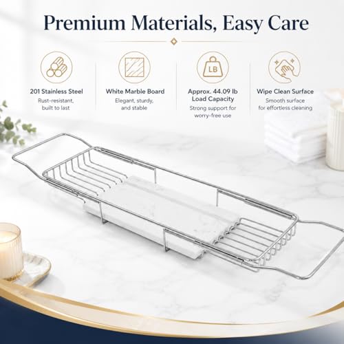 Expandable Bathtub Tray, Stainless Steel Bath Table Tray with Marble Board, Modern Luxury Bathtub Shelf for Bathrooms, Kitchen Sink (Silver+White) - color: Silver+white