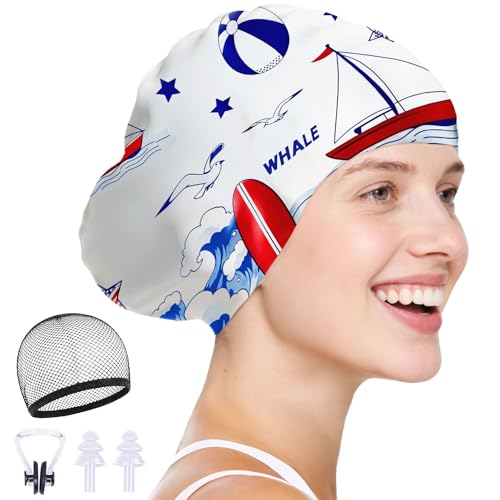 WHALE Extra Large Swim Cap Designed for Men and Women with Thick, Long Hair, Hair Extensions Or Afro-Textured Hair Long-Hair Swim Cap Highly Waterproof to Keep Hair Dry - color: Ocean Waves White