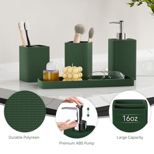 Resin Green Bathroom Set, Dark Green Bathroom Accessories Set with Shower Curtain, Bath Towel Sets, Natural Loofah Sponge, Soap Dispenser, Toothbrush Holder, Bathroom Tumbler and Tray for Bathroom - size: Bath Set+Shower Curtain+Towel Set+2PCS Loofah, sty