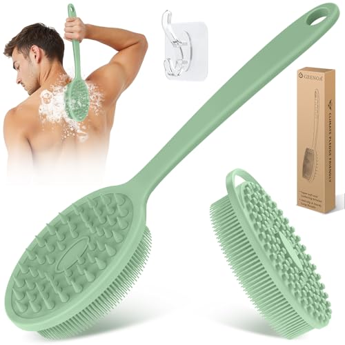 Silicone Back & Body Scrubber Set 2PCS, 13.4'' Gentle Exfoliating Back Scrubber with Dual-Side Head and Non-Slip Handle, Hygienic Silicone Loofah with Soft Bristles and Massage Dots(Green-2PC) - color: Green*2