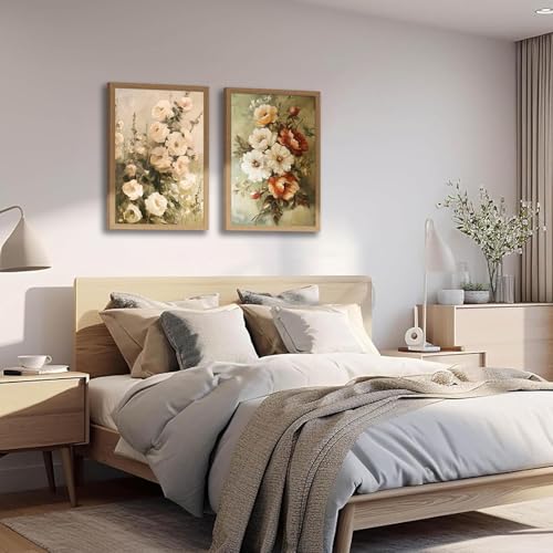 Vintage Floral Wall Art Decor Rustic Cottagecore Floral Canvas Art Prints Framed Farmhouse Country Botanical Flower Pictures Wall Decorations for Home Bedroom Living Room 16x24In Ready to Hang - color: Oil painting rose, size: 16x24 inches