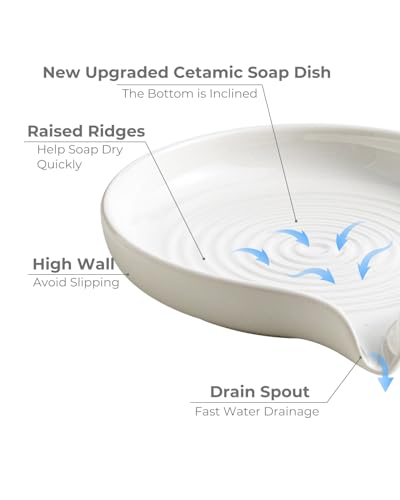 Self Draining Soap Dish, Ceramic Drain Soap Holder Waterfall Design Soap Saver for Shower, Bathroom, Sink, Kitchen and Countertop, Keeps Dry, White - color: White, size: Round