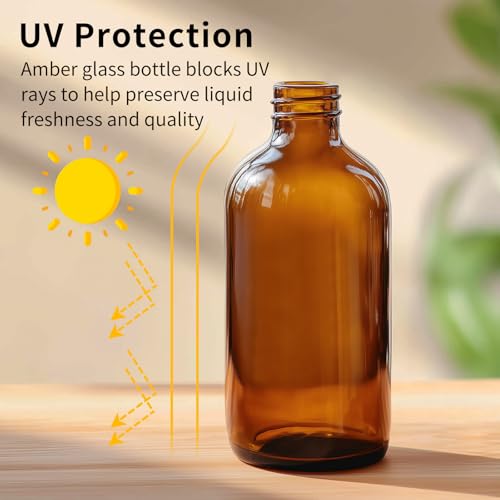 24 Pack 8oz Amber Glass Boston Round Bottles with Phenolic Polycone Caps – Airtight, Leak-Proof Brown Glass Containers for Kombucha Brewing, Storing Condiments, Essential Oils, and Homemade Solutions - size: 8oz