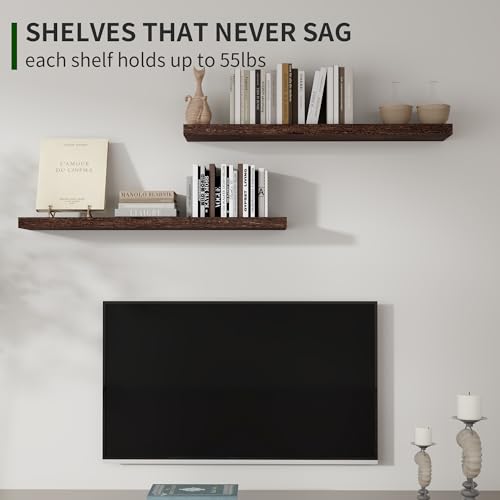 Marsmiles Wood Floating Shelves for Wall Set of 2, 36 Inch Wide Rustic Wooden Floating Shelves, Invisible Wall Mounted Display for Living Room Bedroom Kitchen Bathroom Office, Rustic Brown - color: Rustic Brown, size: 36Inch, Set of 2, (1-2/5"H)