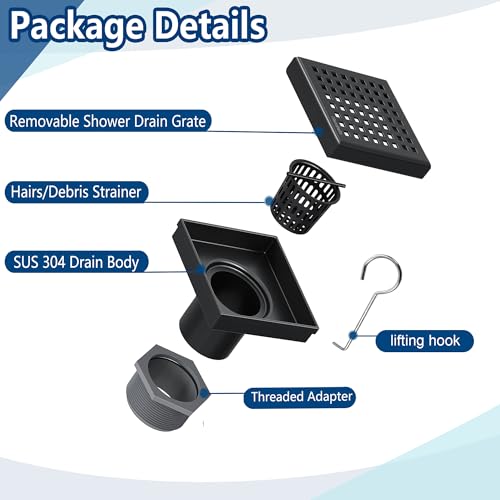 Neodrain Matte Black Square Shower Drain with Removable Quadrato Pattern Grate, 304 Stainless Steel Square Drain, CUPC Certified, with Hair Strainer and Lifting Hook (Matte Black, 4 in) - color: Matte Black, size: 4 IN