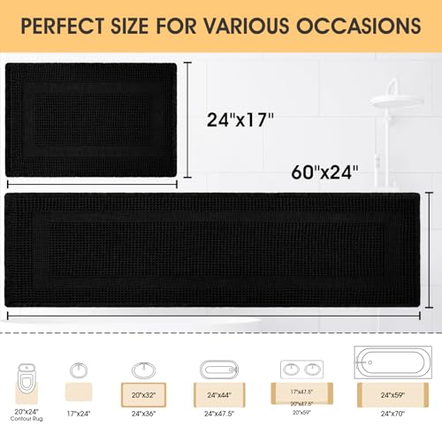 Upgrade Waffle Bath Mat Set 2 Piece , Boho Bathroom Rugs Absorbent Non Slip, Ultra Soft Bathroom Mat, Machine Washable Knit Bath Rugs with Tassels for Bathroom, Bedroom, Kitchen, Shower, Tub, Black - color: Black-looped, size: 24" x 17" + 5' x 2'(2-Piece