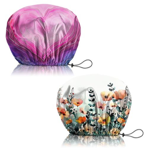 2 PCS Shower Cap Reusable Waterproof Adjustable Double Layer Elastic Dry Hair Bathing Caps Aesthetic Cute for Women Girls-Heart Flower - color: H-15-Heart Flower