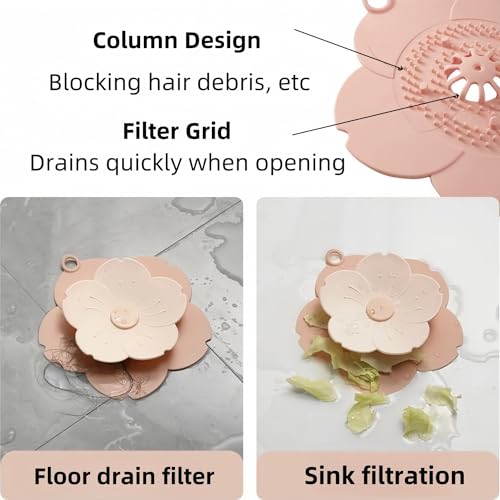 Shower Drain Hair Catcher, 2-in-1 Flower Silicone Strainer & Odor Blocking Cover, Hair Trap Protector for Bathroom Bathtub Sink (Pink)