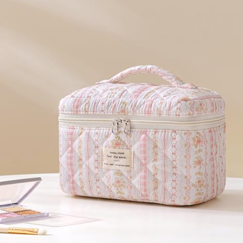 HBselect Quilted Makeup Bag, 3PCS Cotton Large Travel Makeup Bag, Cute Floral Coquette Make up Bag Cosmetic Bag Toiletry Bag for Women Girls - color: A-3PCS-Floral 25