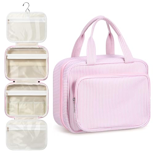 Huhumy Hanging Toiletry Bag for Women with Detachable Pouch, Travel Toiletry Bag, Travel Size Toiletries, Cosmetic Bags, Seersucker Makeup Bags Gifts for Her Mom Girlfriend Wife Teacher(Pink) - color: Pink