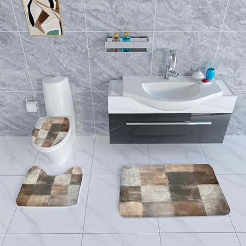 4PCS Brown Grey Abstract Shower Curtain Set, with Non-Slip Rugs, Toilet Lid Cover and Bath Mat Rustic Farmhouse Acrylic Aesthetic Unique Vintage for Bathroom Bathtub Decor Accessories, 72x72 Inch - color: Brown Grey