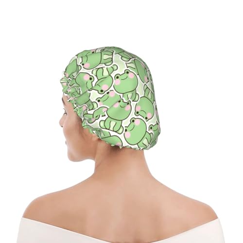 Cute Frogs Shower Cap For Women Reusable Waterproof Double Layers Bath Cap Hair Protection Elastic Ladies Spa Salon Shower Hat - color: Cute Frogs
