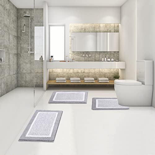 Bathroom Rugs Sets 3 Piece with U-Shaped Contour Toilet Mat Shower Rugs Absorbent Microfiber Plush Bath Mats Non Slip Bath Rugs Shaggy Floor Mats Machine Washable - color: Light Grey