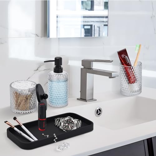 Bathroom Accessory Set,4 Pcs Clear Glass Bathroom Accessories Set-Lotion Soap Dispenser,Toothbrush Holder,Qtip Holder Dispenser & Resin Vanity Tray,Countertop Vanity Organizer,Crystal Clear - color: Clear + Matte Black Tray