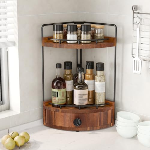 2-Tier Corner Bathroom Counter Organizer with Drawer & Embedded Screw Holes - Wooden Countertop Organizers for Skincare, Makeup Storage, Bathroom Sink Counter Shelf for Vanity, Acacia Wood-Brown - color: Acacia Wood-brown