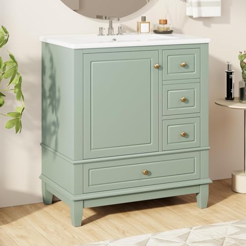 Linique 30" Bathroom Vanity with Sink Combo Set, Solid Wood Frame Bathroom Storage Cabinet with 3 Drawers, Soft Closing Cabinet Door with Organize, Light Green - color: Light Green, size: 30"/ Door with Organizer