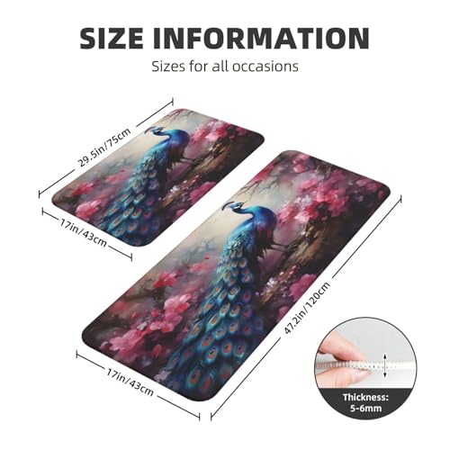 Pink Floral Peacock Bird Kitchen Rugs Mats Set of 2 Pcs Non-Slip Floor Mats Washable Runner Rugs Set for Bathroom Laundry Hallway Kichen Comfort Standing Mat - color: Pink Floral Peacock Bird