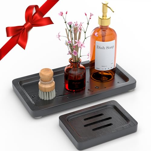 YELLOW LOTUS Black Bathroom Accessories Set 2 pcs - 9’’ Small Black Bamboo Tray for Bathroom, Wooden Bar Soap Holder for Shower, Kitchen Soap Dispenser Set for Sink, Kitchen Dish Tray Decor