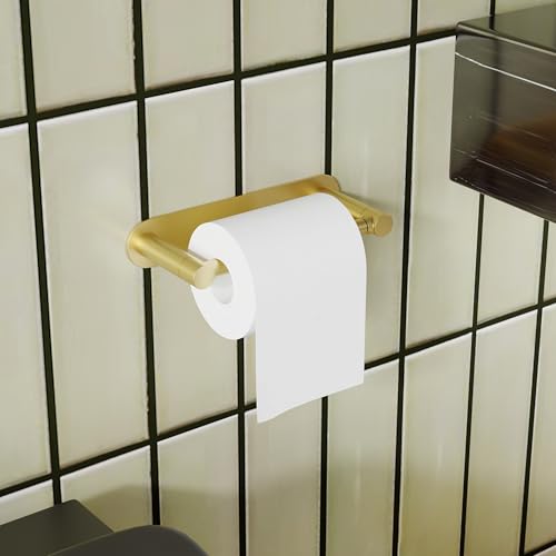Adhesive Toilet Paper Holder Gold Double Post Pivoting Bathroom Toilet Tissue Holder Roll Holder Stick On No Drilling Stainless Steel and Zinc Alloy - color: Brushed Gold