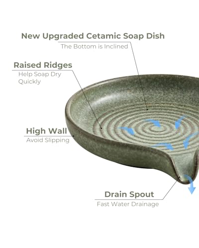 Soap Dishes, Ceramic Shower Soap Dish with Waterfall Design Bar Soap Holder Self Draining Soap Saver for Shower, Bathroom, Sink, Kitchen and Countertop, Green - color: Green, size: Round