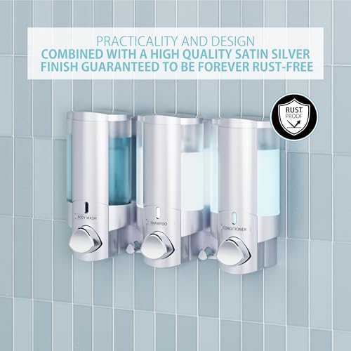 Better Living Aviva Shower Dispenser 3 Chamber,Wall Mount Shower Soap Dispenser for Bathroom Hotel Body Wash,Built-in Hooks,No Drill,Waterproof Shampoo Soap-Dispenser,3 x11 oz,Satin Silver,(Pack of 6) - color: Satin Silver, size: 3-Chamber (Pack of 6)
