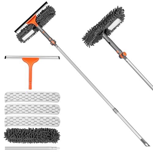 Chabatree Window Squeegee Cleaner Set 2-in-1 Window Cleaning Tool with Extendable Pole, Window Cleaning kit with Bendable Head for Indoor & Outdoor Glass for Car Indoor Outdoor High Windows - color: Grey Squeegee（with 4 Cleaning Cloth）