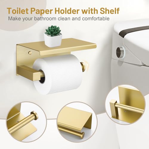 5 Pieces Brushed Gold Bathroom Hardware Set, SUS304 Stainless Steel Bathroom Accessories Set 23.6 inches Towel Bar, Toilet Paper Holder with Shelf, Towel Ring and Two Towel Hooks Wall-Mounted - color: Brushed Gold, size: 5 Pieces - With Shelf