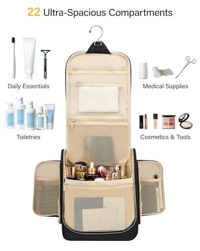 Hanke Hanging Travel Toiletry Bag for Men and Women, Water-Resistant Toiletries Bag Makeup Organizer with Hook, Cosmetic Bag for Bathroom & Travel Essentials Accessories, Black - color: Black
