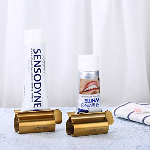 XYKEEY Toothpaste Tube Squeezer - Set of 2 Toothpaste Squeezer Rollers, Metal Toothpaste Tube Wringer Seat Holder Stand (Matt Gold) - color: Matt Gold