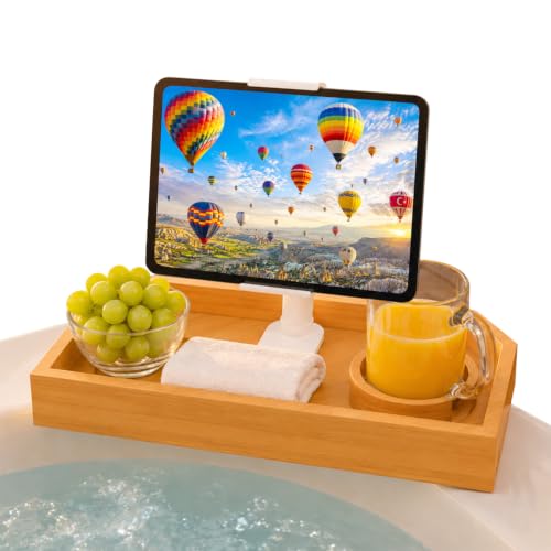 Vespara Bamboo Hot Tub Tray Table with Adjustable Phone Holder, Non Slip Hot Tub Table Spa Gifts for Women, Bathtub Canddy Tray with Wine Glass Holder Tray for Luxury Bathtub& Bathroom Accessories - color: Bamboo