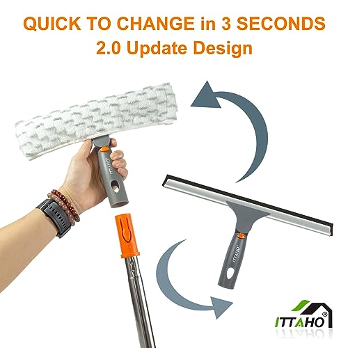 Squeegee for Window Cleaning,12" Squeegee and 11" Microfiber Scrubber Combi with Stainless Steel Pole,Extendable Window Cleaner for Car,Sliding Door,Shower Glass Door-Swivel Style-2 Pads - color: Orange, size: 12" Squeegee