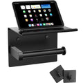 Tindbea Mega Size Toilet Paper Holder with Shelf + Towel Robe Hooks, Adhesive or Screw Wall Mounted Toilet Paper Roll Holder, Stainless Steel Bathroom Hardware Set (Matte Black)… - color: Matte Black, size: Large