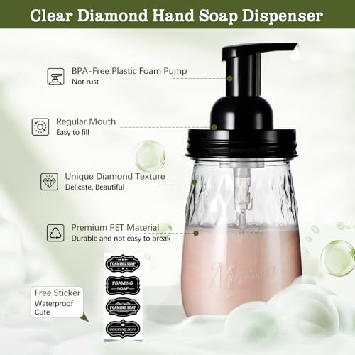 Amolliar 16Oz Foaming Soap Dispenser with Pump Lid, Plastic Refillable Foam Hand Dish Soap Dispenser Set, Clear Diamond Dispenser with Lable for Farmhouse Kitchen Bathroom (2 Pack, Black) - color: Clear Diamond Jar With Black Pump, size: 2 Pack