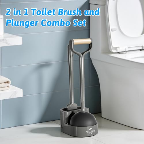 Sellemer Toilet Brush and Plunger Set, Curved Head Deep Clean, Grey 2 Pack | Brush and Plunger set, Curved Nylon Bristles for Deep Clean, Strong Suction Plunger, Ventilated Holder for Quickly Air Dry - color: Gray
